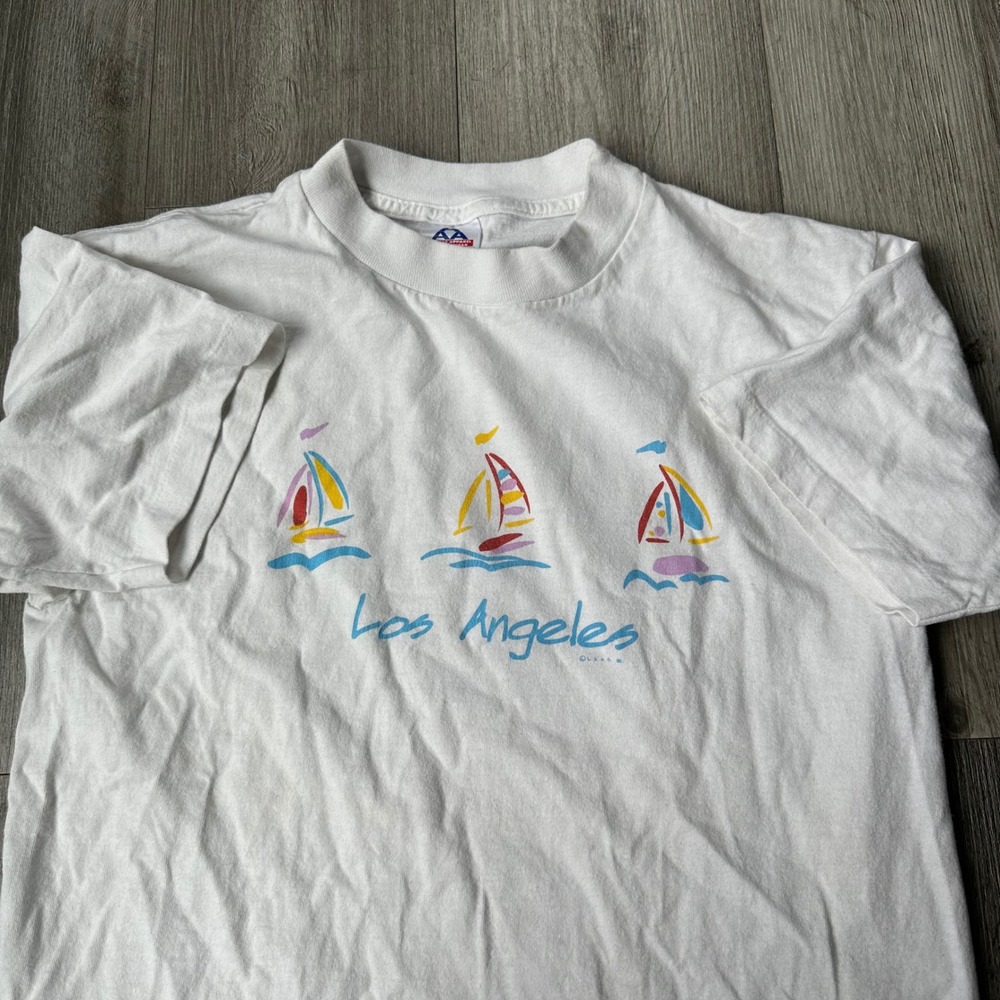 Vintage 80s/90s Los Angeles Sailboat Graphic T-Shirt White Alstyle M surf beach